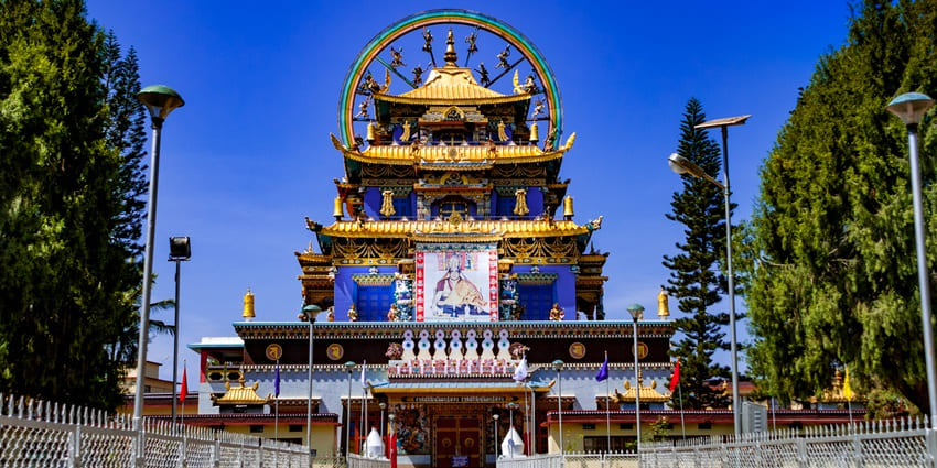 A view of the entrance of the Namdroling Monastery in Karnataka