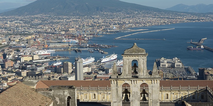 An aerial view of the Gulf of Naples from Castello Sant Elmo shows the beautiful town.