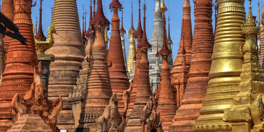 Stupas of the Inn Thein monastery next to the Inle lake, Myanmar