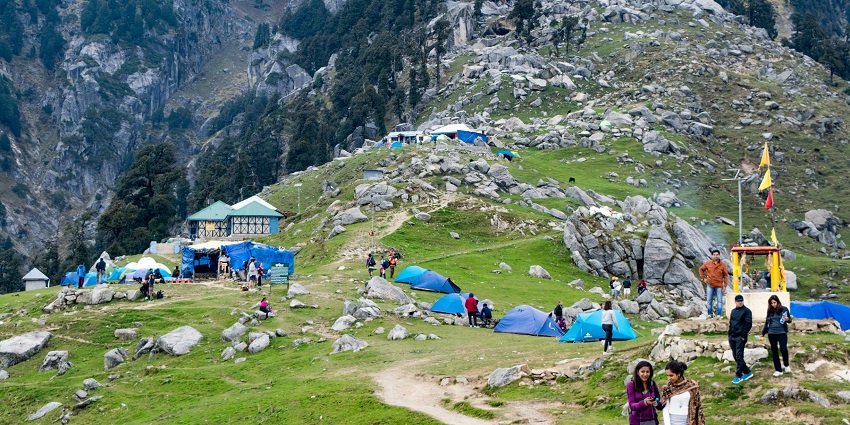 Tourists near a popular camping site in Triund in Kangra District, Himachal Pradesh