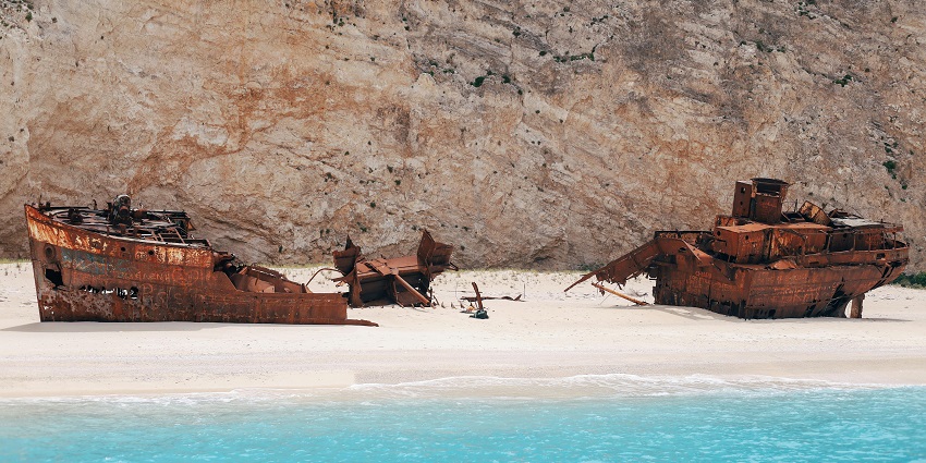 Image of Rusty Shipwrecks on Navagio Beach Shore - also known as Shipwreck Beach ranks at the top
