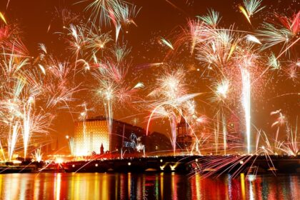 A vibrant image of New Year celebrations in Germany, showcasing a beautiful fireworks display