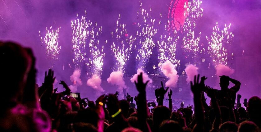 DJ clubbing with smoke effects, showcasing the nightlife in India and a crowd raising hands.