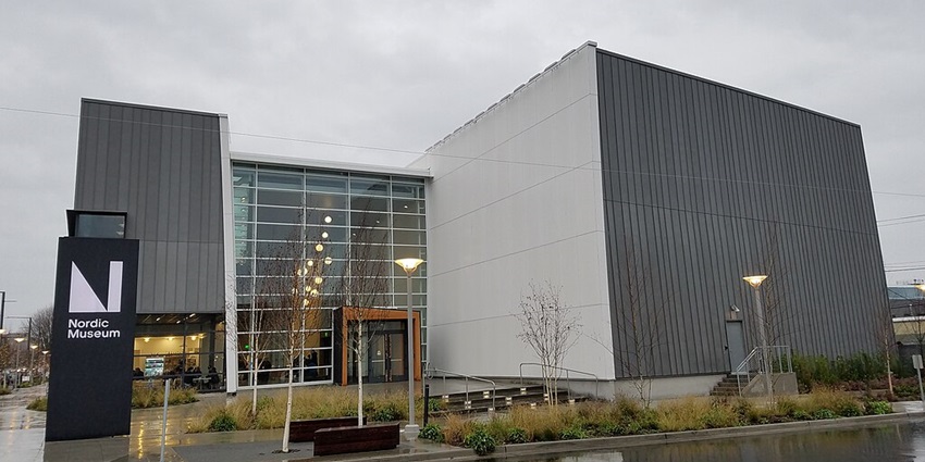 An image showing the Nordic Museum in Seattle, showcasing its unique architectural design.