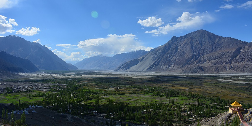 An image of a view of Nubra Valley, near Diskit, featuring the Karakoram and Ladakh Ranges