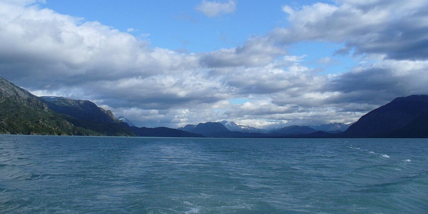 A scenic view of the deep blue waters of O’Higgins-San Martín Lake in Patagonia
