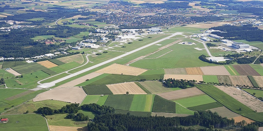 An image of the aerial view of Oberpfaffenhofen Airport, a major airport in Munich.