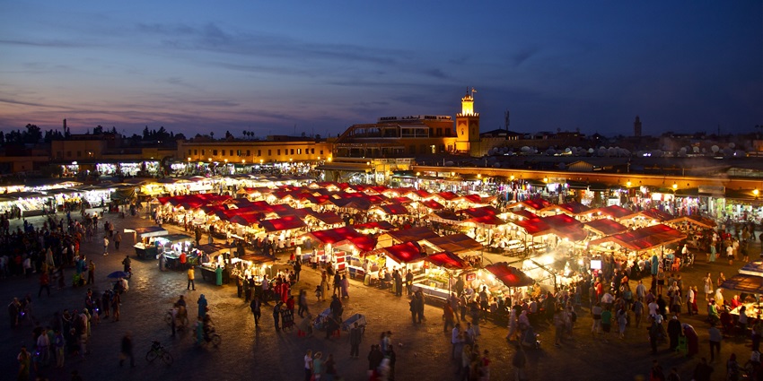 View of Morocco's Oriental region at night, featuring desert and vibrant night market