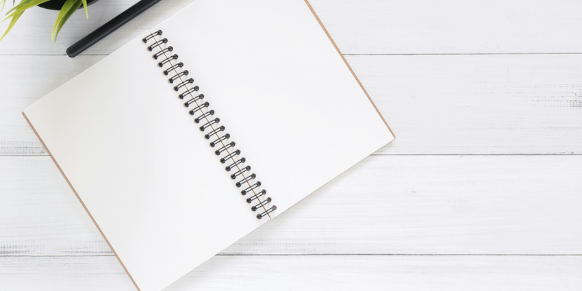 Open spiral notebook with blank pages, a pen, and a potted plant on a white wooden table