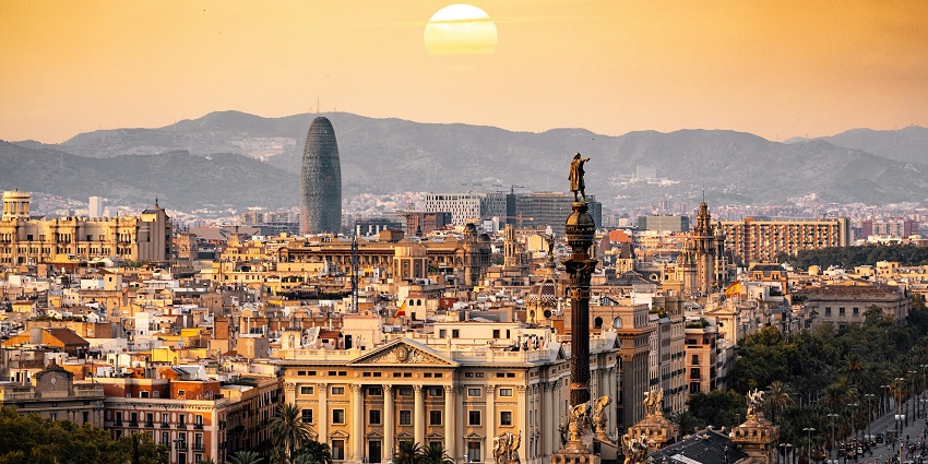 Scenic image fo the city from the top during the sunset in Barcelona in Spain