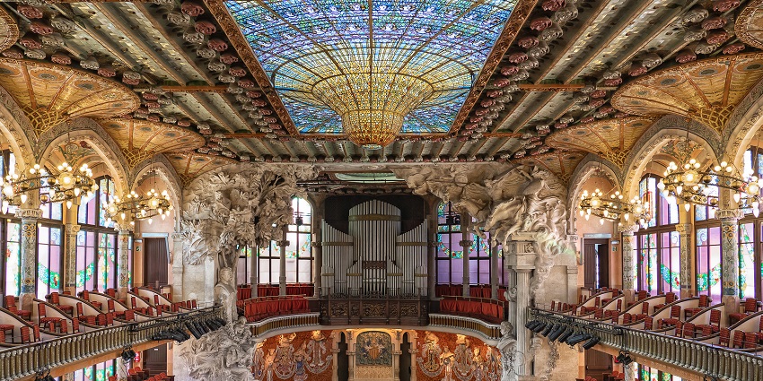 Empty spectator's seats at the magnificent Palau de la Música Catalana in Barcelona.