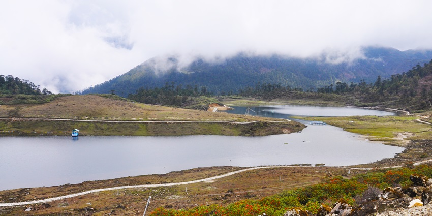 Mountains, lush greenery and wildflower beds surround PT Tso Lake, Arunachal Pradesh.