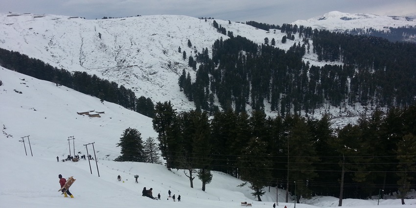 An image of green cabins with green roofs in a forested area in Patnitop, with patches of snow on the ground.