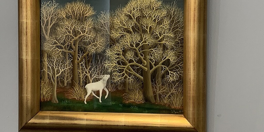 A whimsical painting at the Paulina Constancia Museum of Naive Art showcases vibrant colors