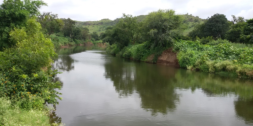 One of the lakes in Nashik with still water body surrounded by dense green trees and bushes.