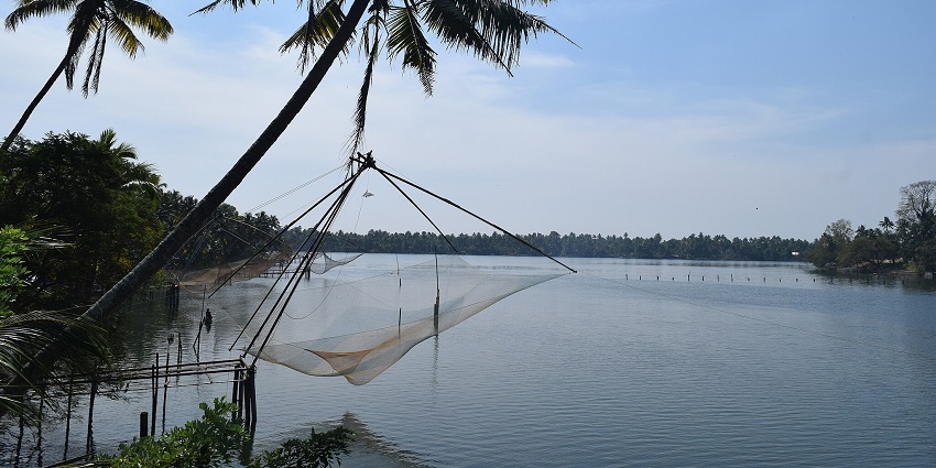 A mesmerising image of a fishnet over Periyar Lake set up to catch fish in Kerala.