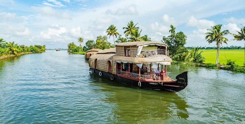 An image of scenic back water boats, one of the romantic places couples can visit in India.