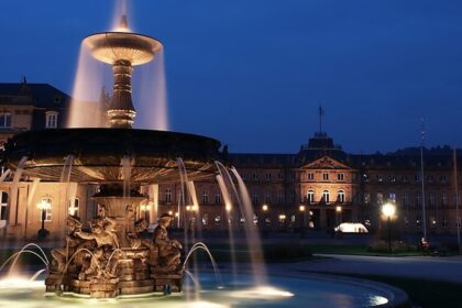 An image showing Stuttgart's Schlossplatz at night, one of the places to visit in Stuttgart.