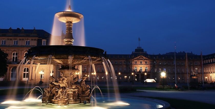 An image showing Stuttgart's Schlossplatz at night, one of the places to visit in Stuttgart.