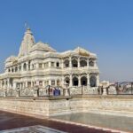 An image of the famous Prem Mandir temple, a religious place in Vrindavan, India.