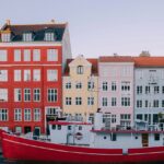 An image of colourful buildings along a canal in Denmark, with boats and pedestrians.