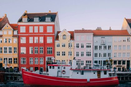 An image of colourful buildings along a canal in Denmark, with boats and pedestrians.