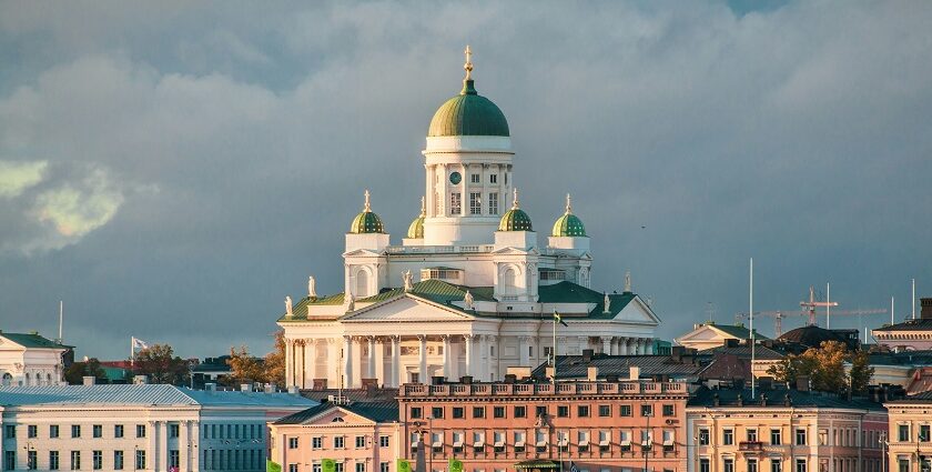 An Image of Finland amidst greenery and a calm sea, taken from the Helsinki.