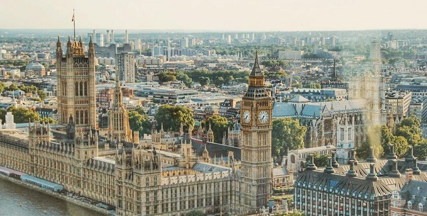 Aerial view of London, one of the best places to visit in the UK for first-time visitors.