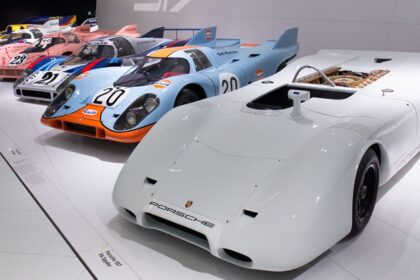 An image of a Porsche 917 series displayed at the Porsche Museum highlights its design