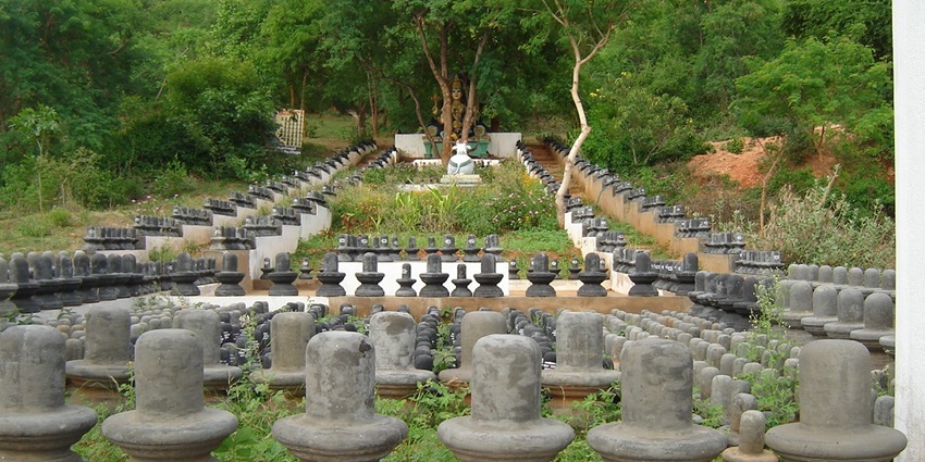 A picture of 1008 Lingam Temple in Salem with rows of Shiva Lingams and a tranquil atmosphere.