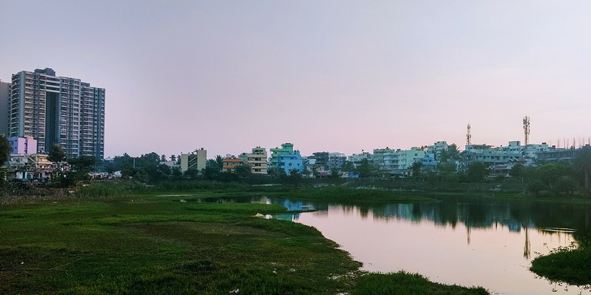 Puttenahalli Lake with a small water body surrounded by greenery and buildings in the back.