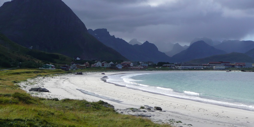 An image of Ramberg Beach and its stunning scenery, one of the most beautiful beaches in Norway.