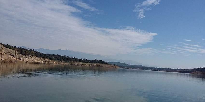 A view of the calm waters at Ranjit Sagar Lake near Pathankot in Punjab