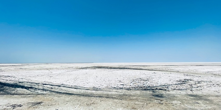 The landscape of White Rann of Kutch with white land formed by sea water drying up.