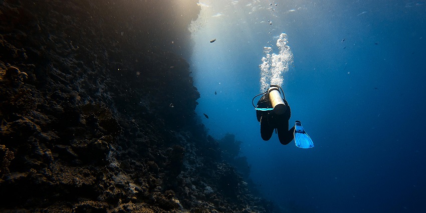 A snorkeller underwater in clear blue water, resembling the waters of Red Skin Island