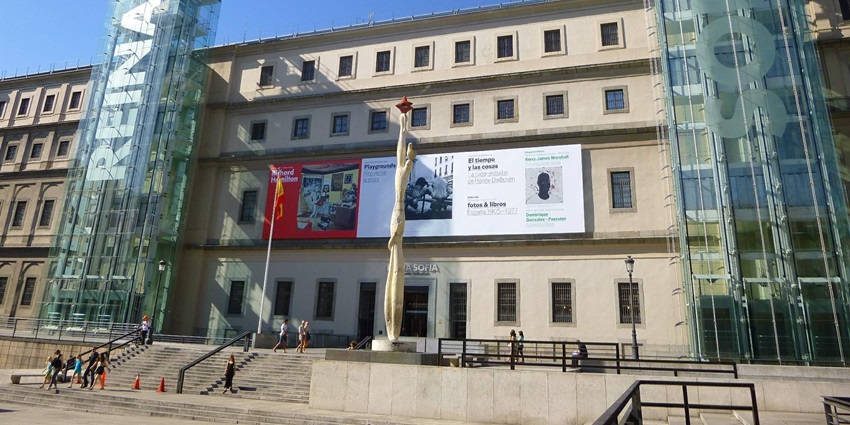 Rich glassbody exterior of the renowned Reina Sofia Spanish Museum in Madrid, Spain.