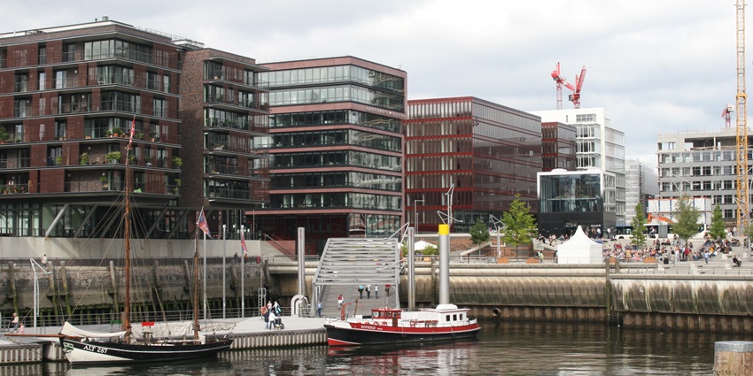 An image showing the modern Hamburg Hafencity Magellanterrassen with waterfront views.