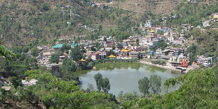 Rewalsar Lake from a distance with a small water body, near Prashar lake in summer.
