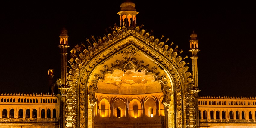Rumi Darwaza, a monument near Anandi Water Park, is beautifully lit up at night.