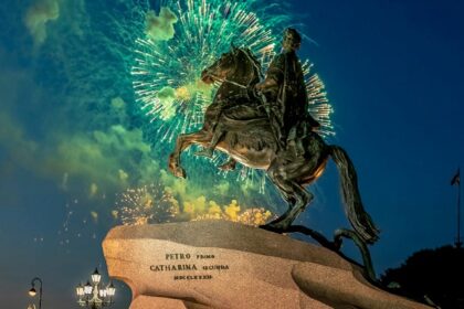 Monument against Night Sky with Fireworks - Russian New Year celebration with fireworks