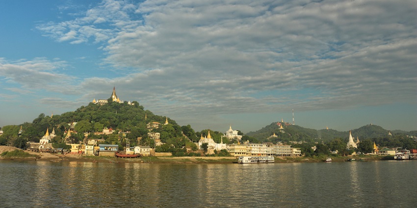 The Sagaing Hill as viewed from across the Ayeyarwaddy River in Sagaing.
