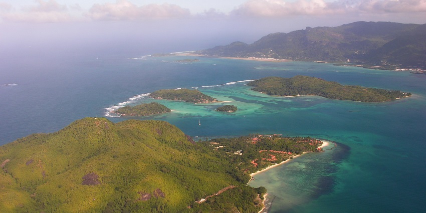 An aerial view of the Sainte Anne Marine National Park, teeming with aquatic biodiversity.