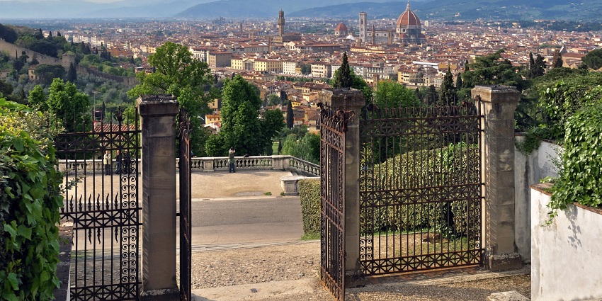 View of Florence City from San Miniato al Monte with Duomo in the middle of the city.