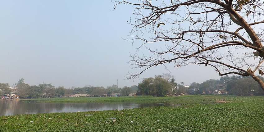 Santragachi jheel with its lake in West Bengal surrounded by greenery and buildings on the green fields.