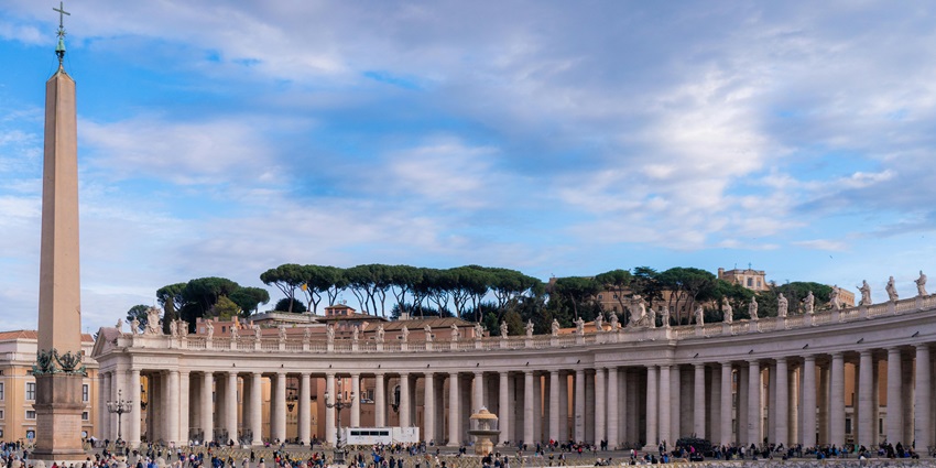 Magnificent, curved colonnades encircling St. Peter’s Square in Vatican City