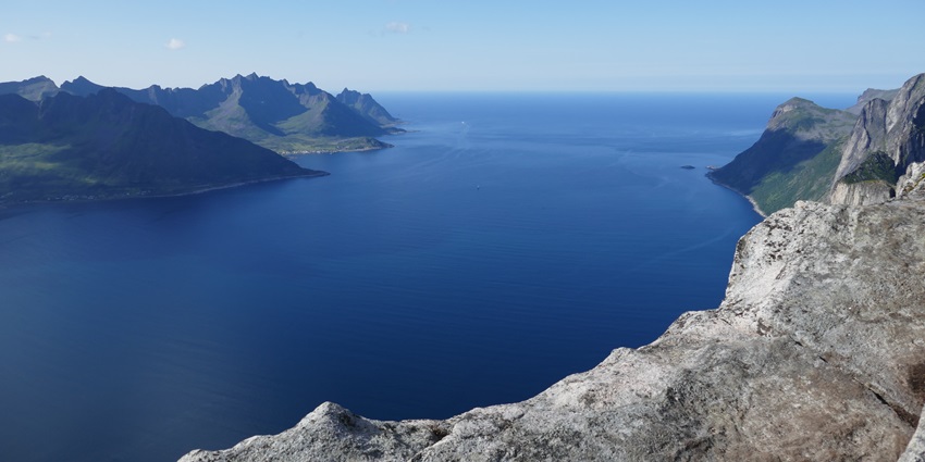 An image showing the view from Segla mountain, overlooking Mefjord on Senja Island, Norway