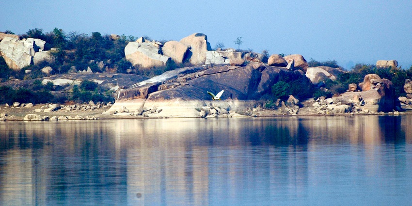 Tranquil waters of Shamirpet Lake- one of the lakes in Hyderabad at sunrise.