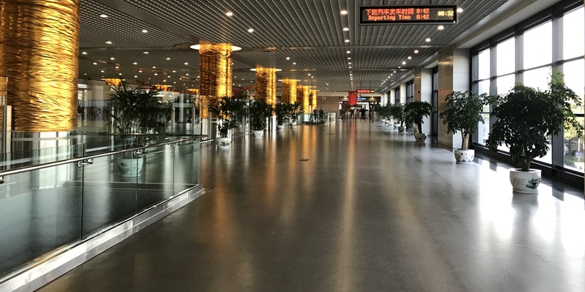 Image of Shanghai Pudong International Airport aisle with stunning architecture