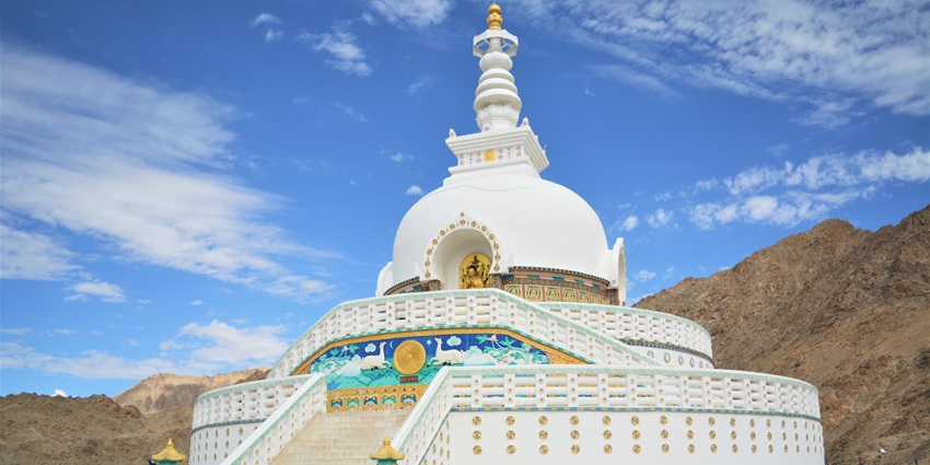 An image of Shanti Stupa in Leh, a destination near the highest trekking peak in India