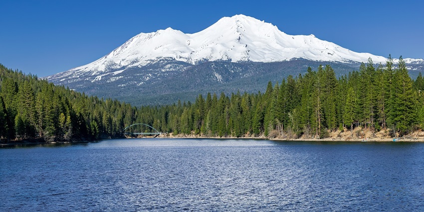 Shasta Lake with a distant green bridge surrounded by trees and Mt. Shasta in the back